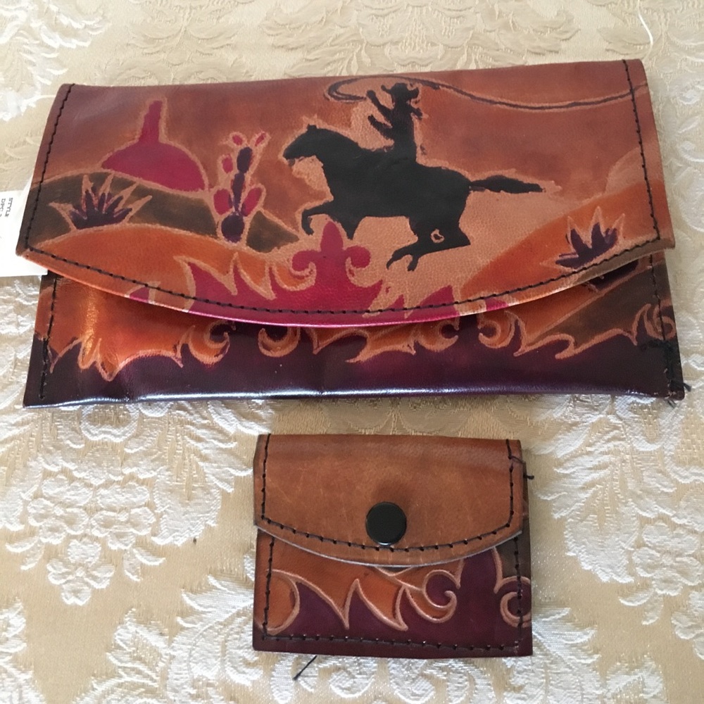 NEW genuine leather tooled wallet & key chain